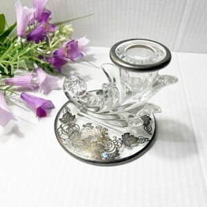 1940’s- Midcentury Fostoria Baroque glass candlestick holder with silver…